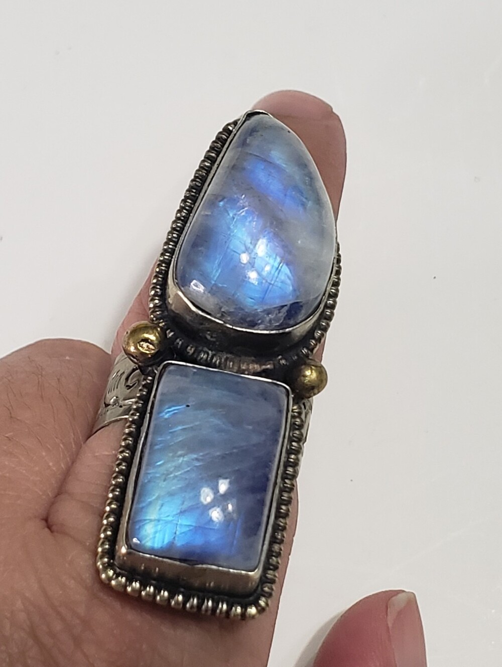 Blue Rainbow Moonstone Double-Stone Statement Ring